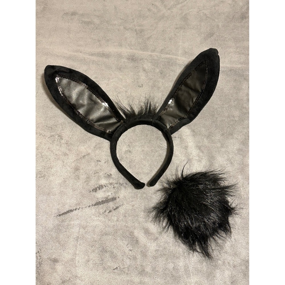 Black Bunny Ears Headband and Faux Fur Tail Clip On Costume Set Cosplay